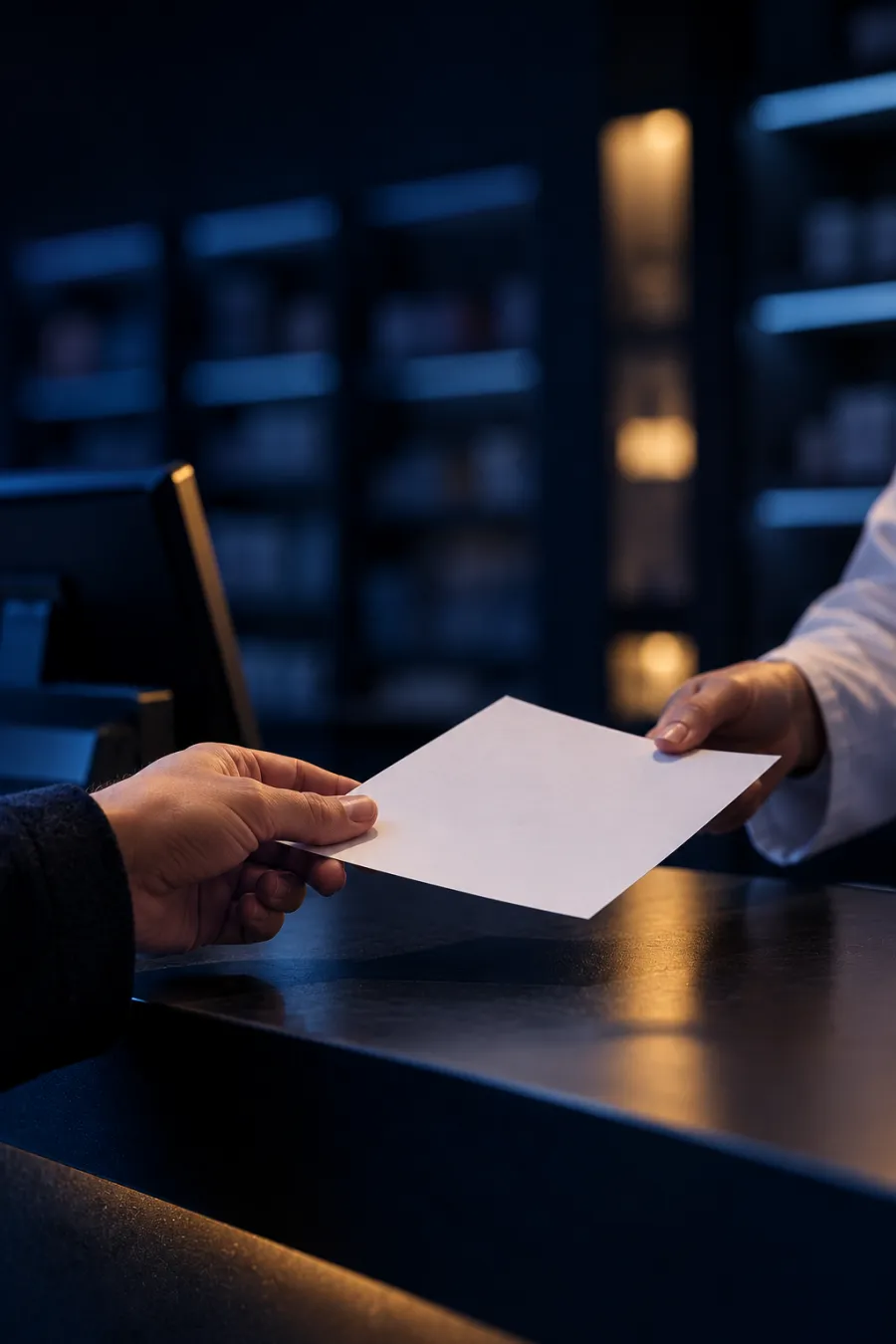 Übergabe eines Papierrezepts am Apothekentresen