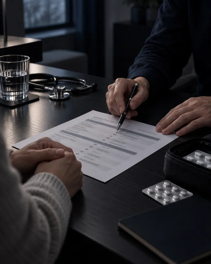 Arztgespräch am Schreibtisch: Der Arzt geht mit dem Patienten den Medikamentenplan durch