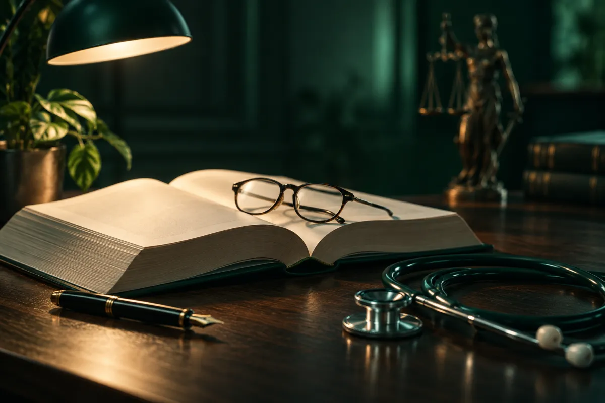 Aufgeschlagenes Gesetzbuch mit Lesebrille und Stethoskop auf einem Schreibtisch