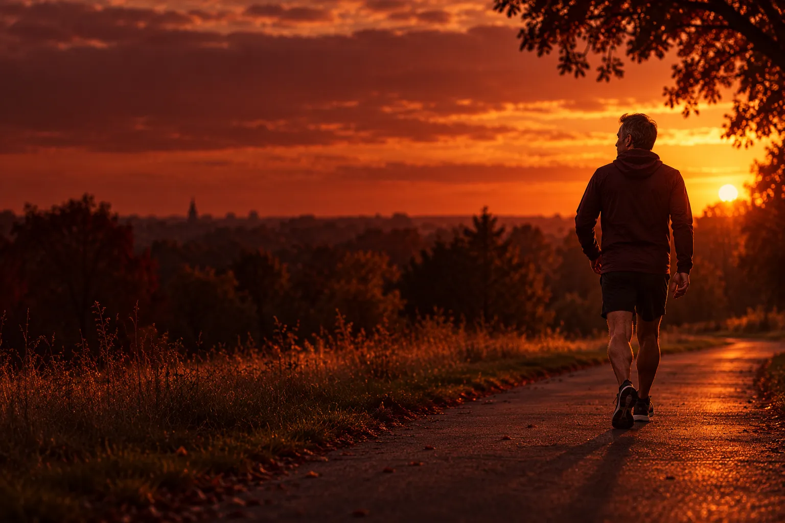Mann beim Abendspaziergang im Park, warmes Gegenlicht