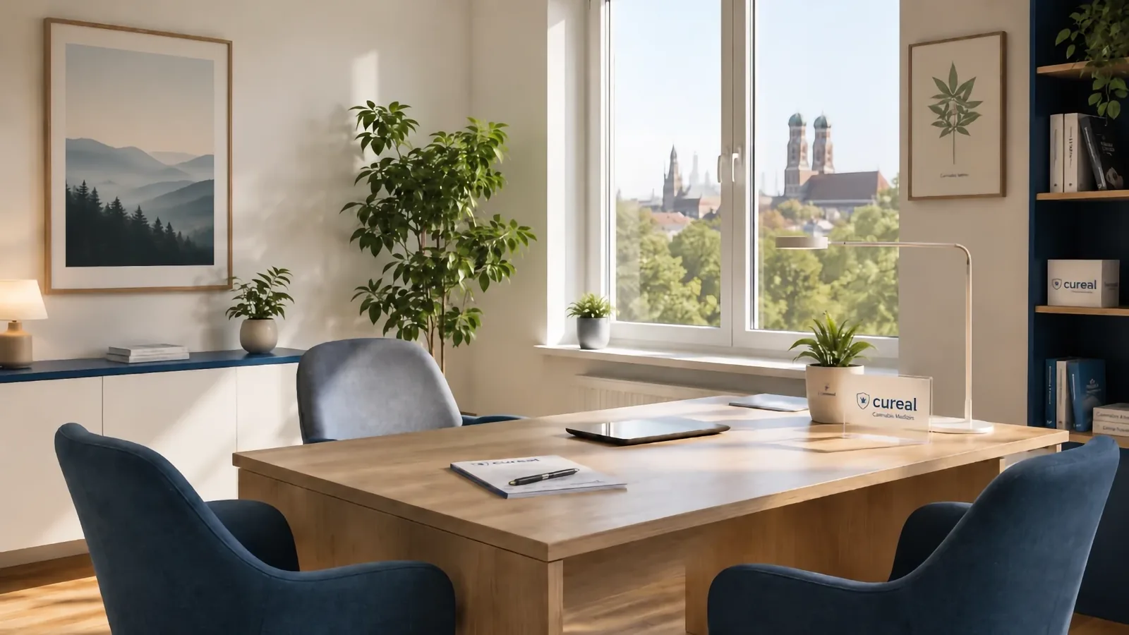Sprechzimmer mit Schreibtisch und zwei Sesseln, im Fenster die Frauenkirche in München